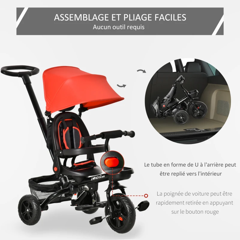 HOMCOM Tricycle Enfant évolutif Pliable 4 en 1 Multifonction - Pare-Soleil, Canne télescopique Amovible - siège pivotant, Harnais, Arceau sécurité - 3 paniers Rangement - métal PP Rouge Noir