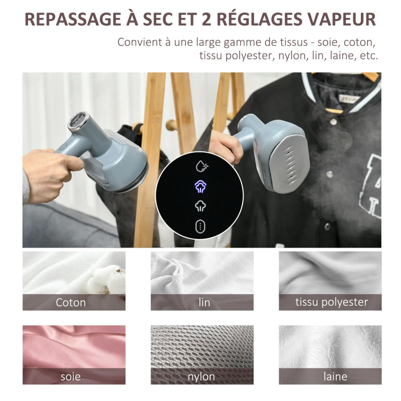 HOMCOM Défroisseur à Main Défroisseur Vapeur Vertical 1200W Prêt en 35s 100 ml Réservoir d'eau Défroisseur Portatif pour voyage 2 niveaux de vapeur - gris