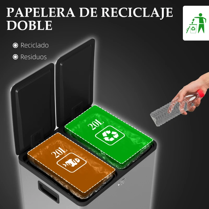 HOMCOM Papelera de Cocina de Acero Inoxidable con 2 Compartimentos 2x20L Pedal Tapas de Cierre Suave y Cubo Extraíble Plata