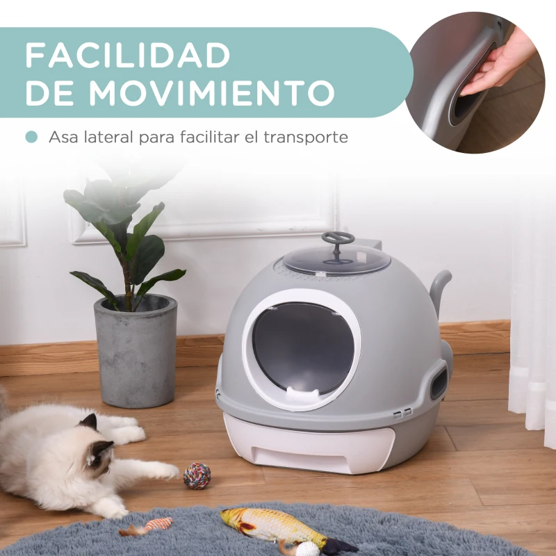 PawHut Caja de Arena para Gatos Arenero Cerrado con Claraboya Abatible Bandeja Extraíble y Pala 47x55x44 cm Gris