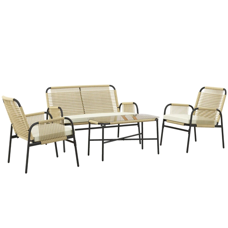 Outsunny Conjunto de Jardín de Ratán Sintético con 2 Sillones 1 Sofá de 2 Plazas 1 Mesa de Centro con Cojines Natural y Negro