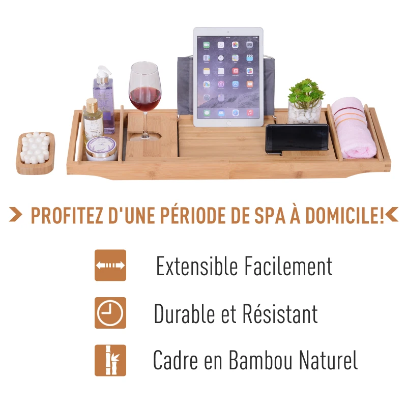 HOMCOM Pont tablette plateau de baignoire avec support de maintien rétractable 74-108L x 23l cm bambou