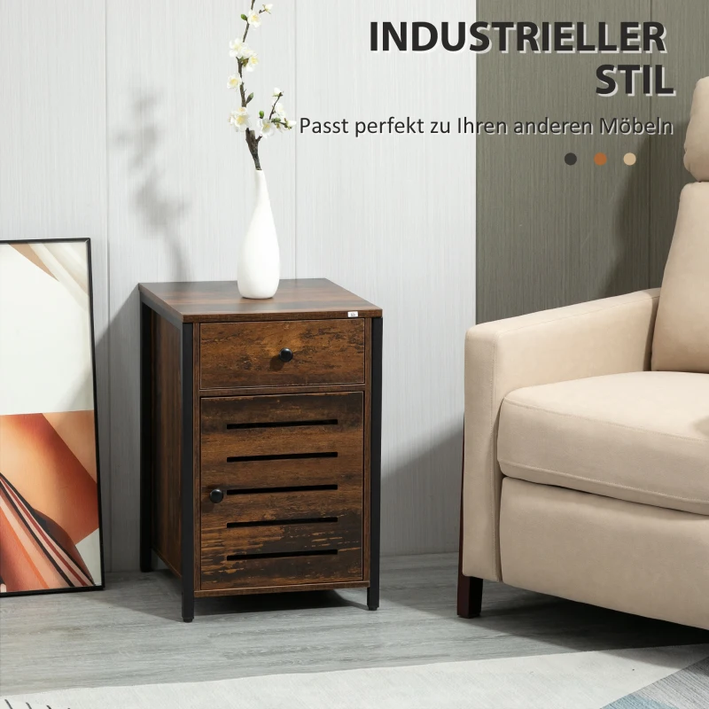 HOMCOM Nachttisch im Industriedesign, Nachtkommode, Beistelltisch, 1 Schublade, 1 Schrank, Schwarz + Braun