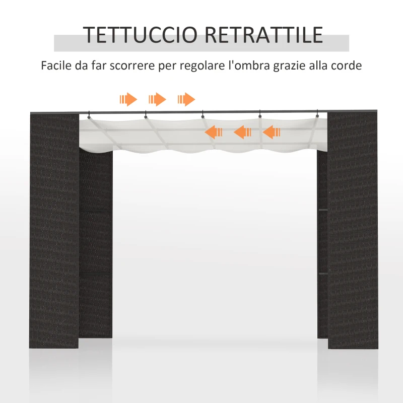 Outsunny Gazebo Pergola da Giardino 3x3m con Tenda Scorrevole, Struttura in Metallo e Rattan PE, Nero