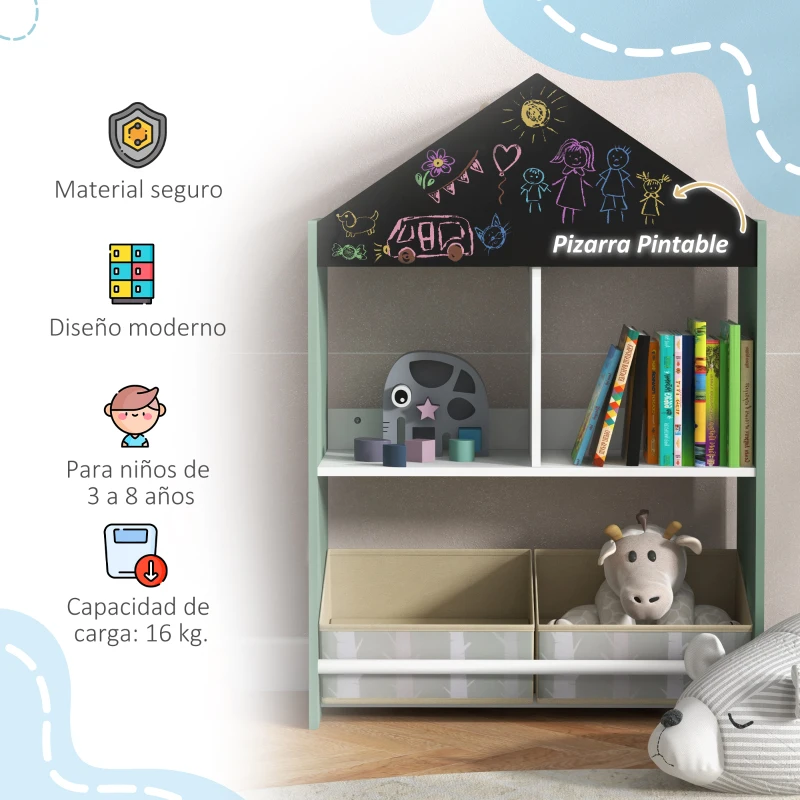ZONEKIZ Organizador Infantil Estantería para Juguetes con Estantes Abiertos y 2 Cajas Extraíbles 62,4x26,5x90 cm Verde