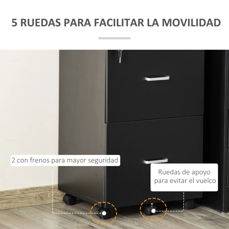 Vinsetto Cajonera de Oficina Mueble Auxiliar con 2 Cajones Cierre con Llave para Estudio Despacho 43x45x72 cm Negro