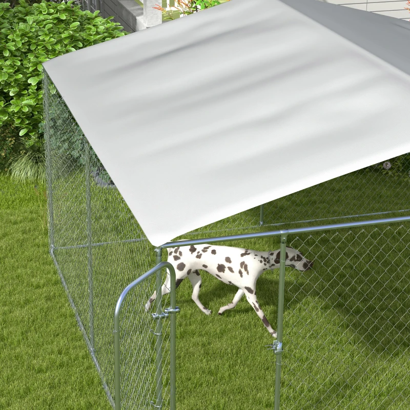 PawHut Perrera de Exterior con Toldo Anti-UV Impermeable Puerta con Pestillo y Marco de Metal Galvanizado 4x4x2,3 m Plata