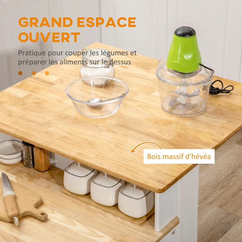 HOMCOM Desserte îlot de cuisine 3 placards étagères réglables 2 plans de travail en bois 2 tiroirs 76 x 97,5 x 92,5 cm blanc