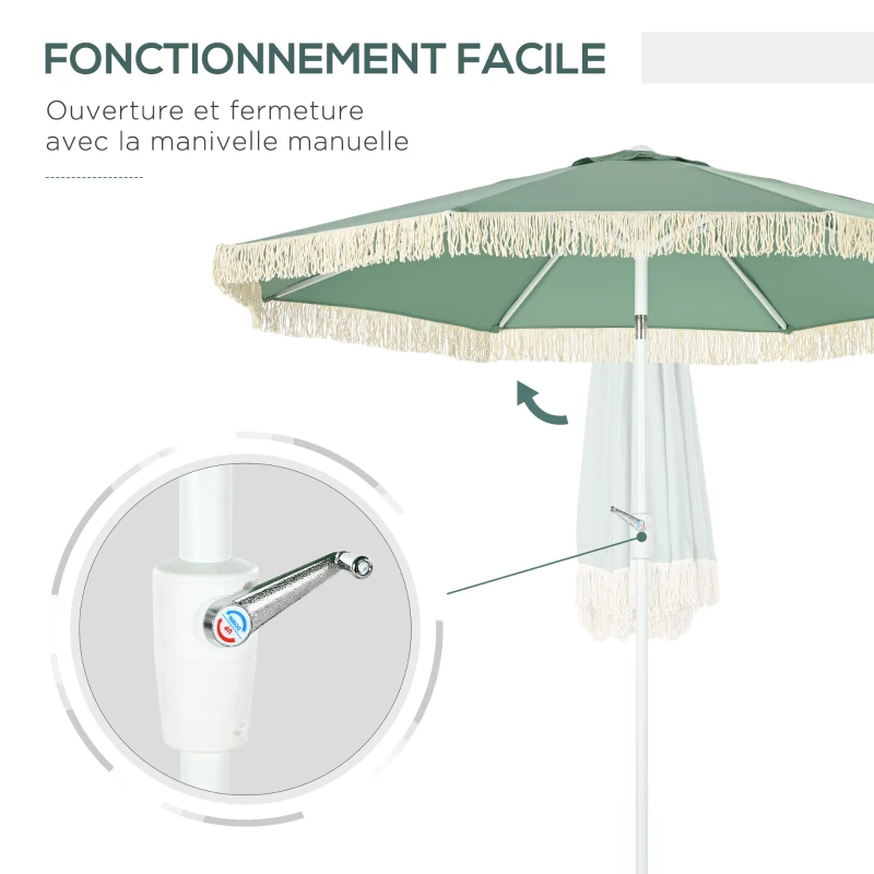 Outsunny Parasol de jardin parasol extérieur inclinable parasol à franges avec manivelle 8 baleines dim. Ø 2,65 x 2,45 H m vert