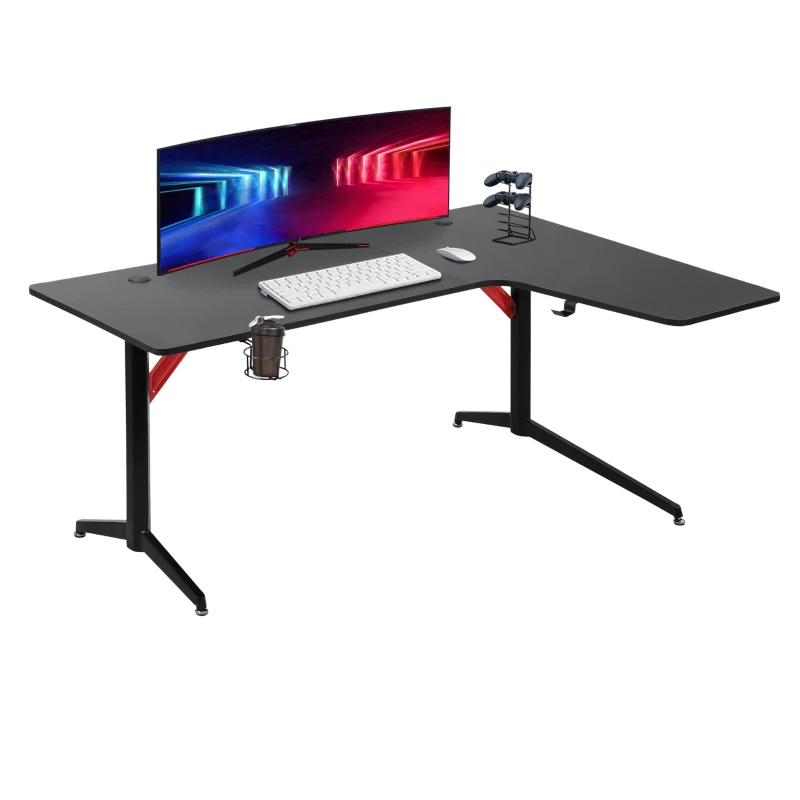 HOMCOM Gaming Tisch PC Tisch Schreibtisch mit Kopfhörerhaken Getränkehalterung Computertisch Metall MDF Schwarz+Rot 157 x 111,8 x 74 cm