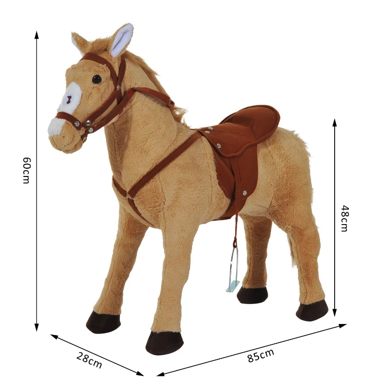 HOMCOM Cheval debout en peluche pour enfant à partir de 2 ans avec effets sonores selle et bride 85 cm (longueur) beige(m-3)