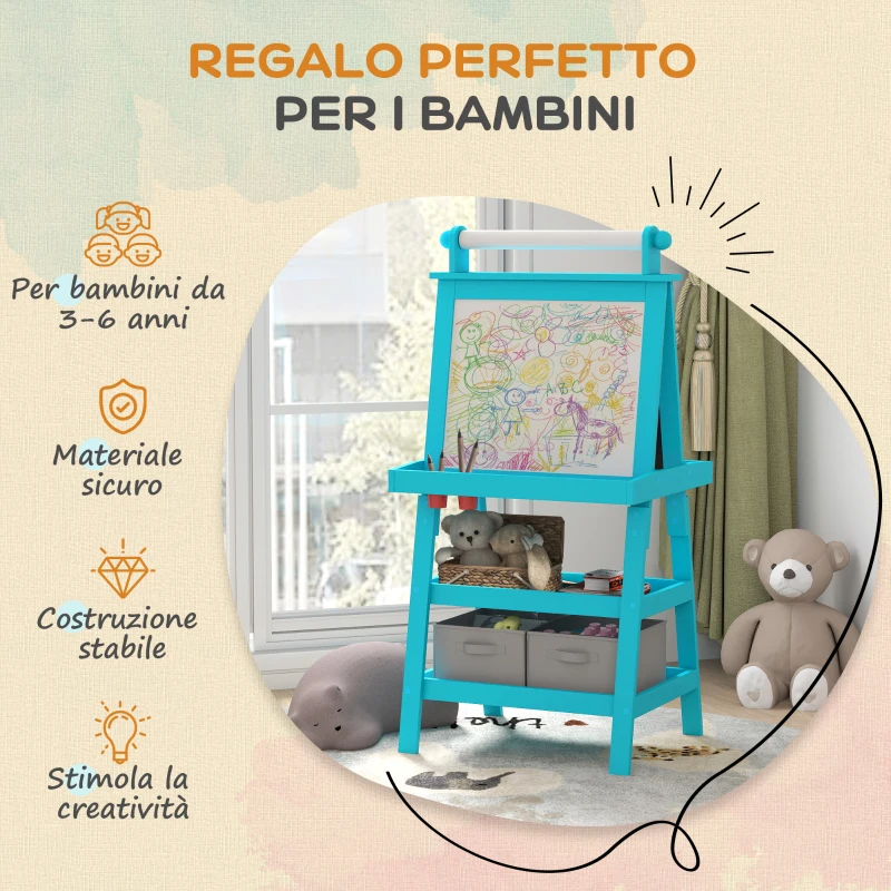 AIYAPLAY Lavagna per Bambini con Cavalletto 3 in 1, Rotolo di Carta e 2 Contenitori, in Legno, 59x48x118 cm, Blu