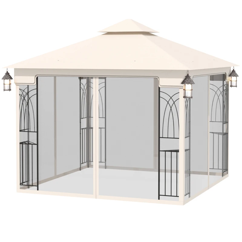 Outsunny Gartenpavillon mit Doppeldach Pavillon Gartenzelt Festzelt Partyzelt mit 4 x Seitenwand Metall+Polyester Cremeweiß 2,99 x 2,99 x 2,74 m