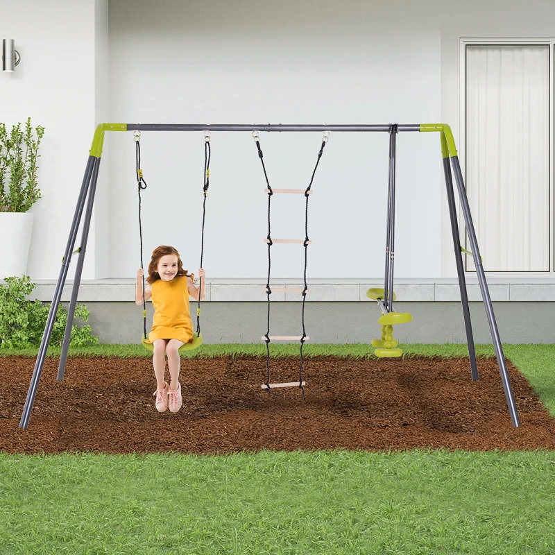 HOMCOM 3-In-1 Kids Garden Swing Set, with Metal Frame, for 4 Kids, Ages 3-10 Years