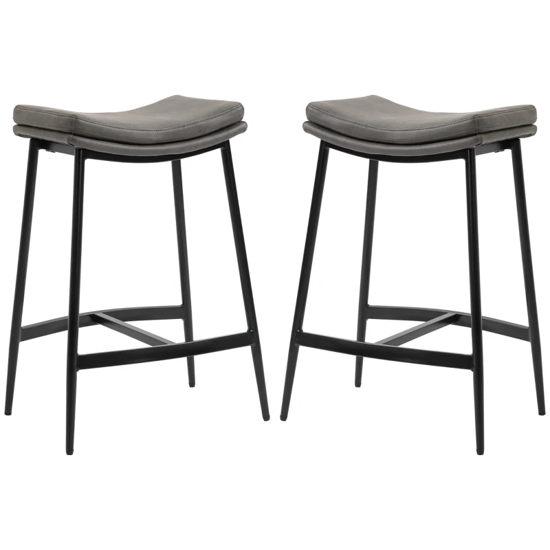 HOMCOM Breakfast Bar Stools Set of 2, Microfibre Upholstered Barstools, Industrial Bar Chairs with Curved Seat and Steel Frame for Dining Room, Kitchen, Grey