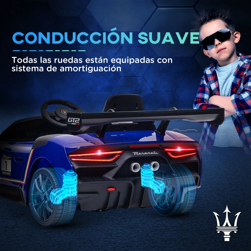 AIYAPLAY Coche Eléctrico para Niños de +3 Años Maserati GT2 con Mando a Distancia Faros LED Bocina Música Ruedas Auxiliares Azul(m-6)