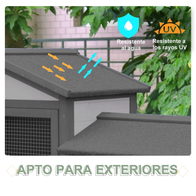 PawHut Conejera de Madera de Exterior Jaula para Conejos con Bandeja Extraíble y Rampa Antideslizante 147x54x84 cm Gris