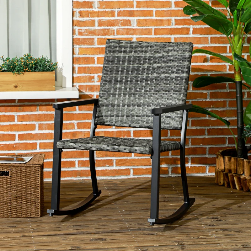 Outsunny Outdoor Schaukelstuhl, Rattanoptik, rostfreies Stahlgestell, 62 x 75 x 95 cm, Grau/Schwarz