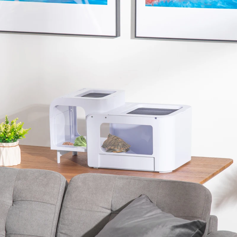 PawHut Terrario per Tartarughe d'Acqua con Vasca per Tartarughe, Ciotole e Finestre, 47x28x25cm - Bianco