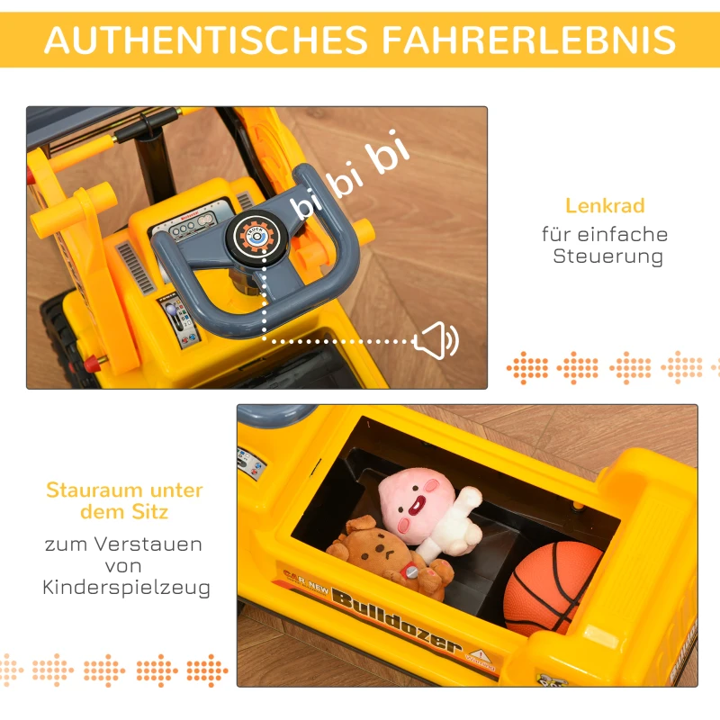 HOMCOM Sitzbagger für Kinder Rutsch Auto Sandspielzeug Rutscherfahrzeug für Kinder 2-3 Jahre Kunststoff-Kunststoff ABS Gelb+Schwarz+Grau 70 x 26 x 37 cm