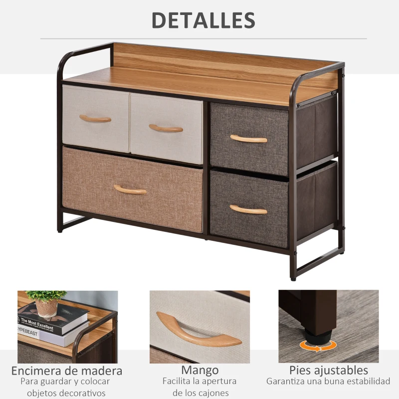 HOMCOM Cómoda para Dormitorio con 5 Cajones Plegables Parte Superior de Madera y Marco Metálico 87,5x29x58 cm Multicolor