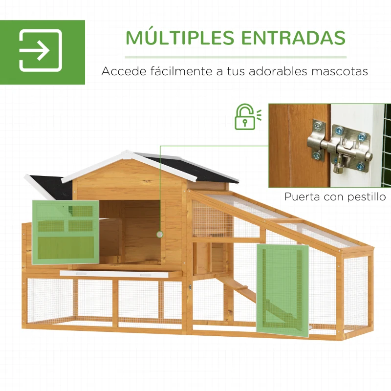 PawHut Gallinero de Madera Exterior Jaula para 2-4 Gallinas con Corral de Alambre Techos Asfálticos Nido Bandeja Extraíble y Rampa 200x80x105 cm Marrón