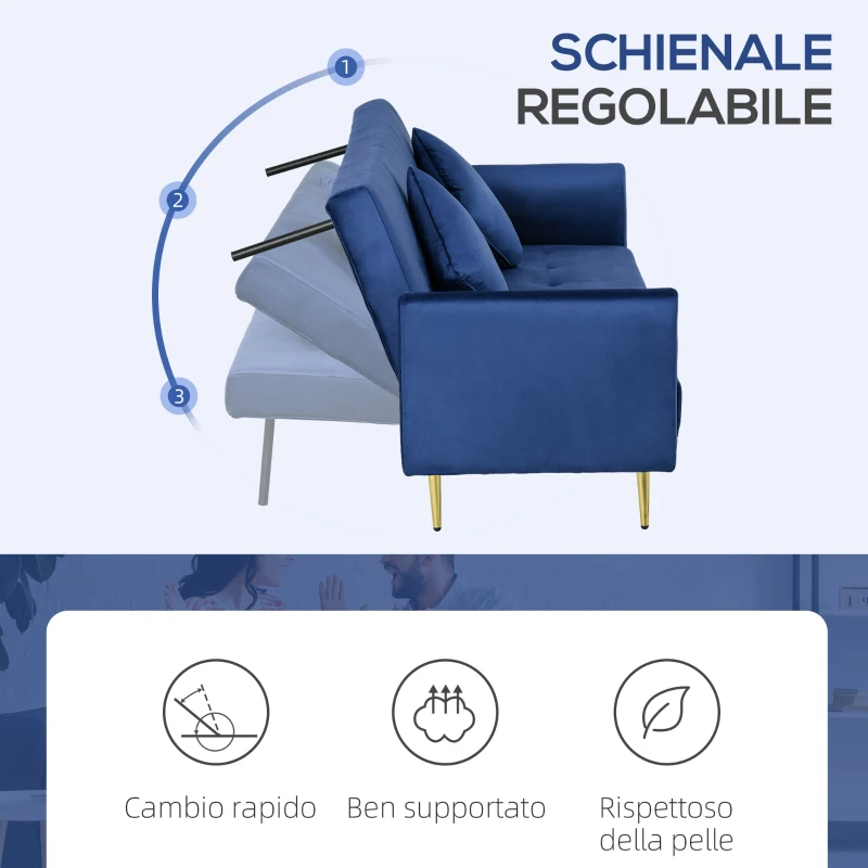 HOMCOM Divano Letto Clic Clac con Schienale Regolabile e 2 Cuscini, in Tessuto Effetto Velluto, 215x83x87 cm, Blu