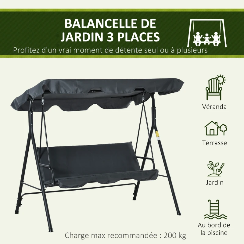 Outsunny Balancelle de Jardin 3 Places Toit Inclinaison réglable Coussins Assise et Dossier 1,72L x 1,1l x 1,53H m Acier époxy Noir Polyester Gris