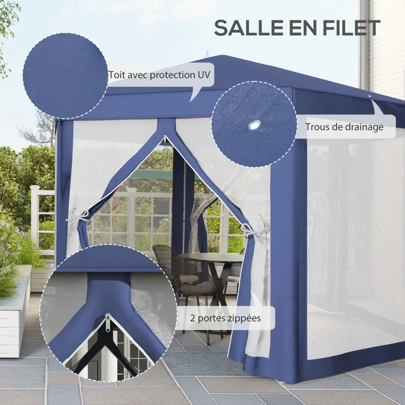 Outsunny Tonnelle barnum tente de réception hexagonale 10 m² style cosy métal polyester bleu blanc