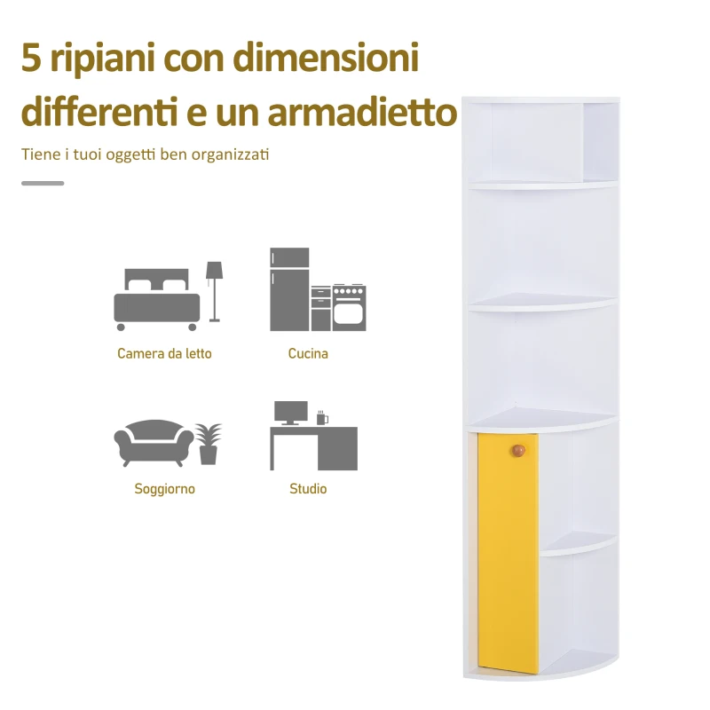 HOMCOM Scaffale Angolare da Parete in Legno Bianco, Mobile Libreria con 5 Ripiani e Armadietto Giallo, Design Moderno, 29.8x29.9x147cm