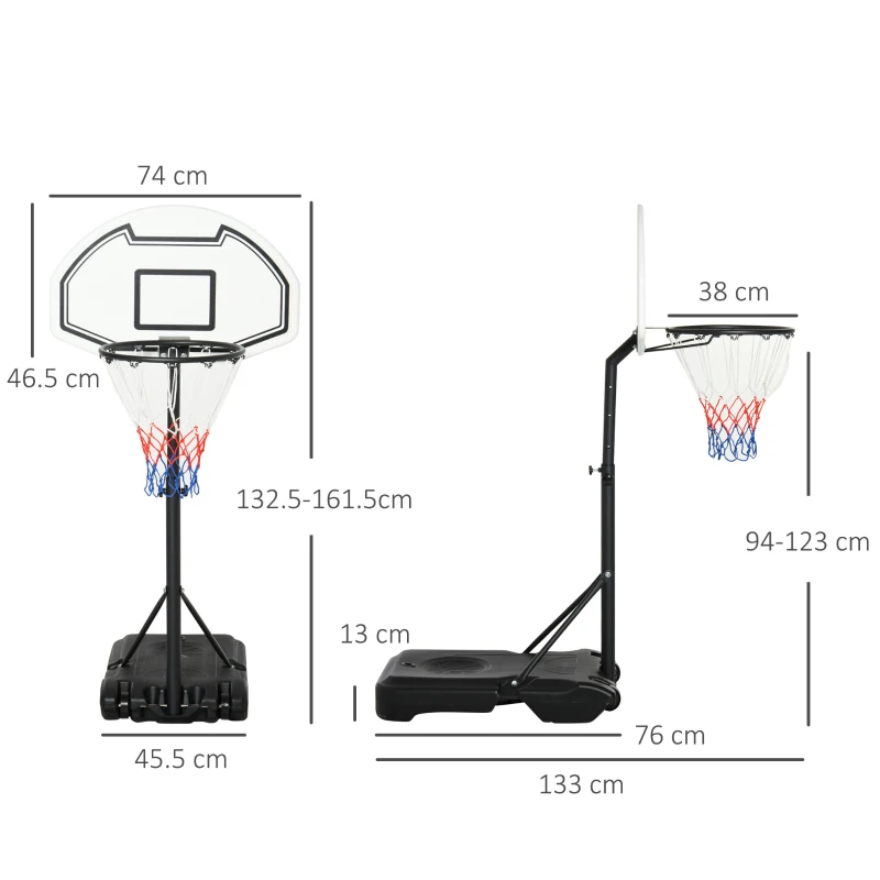HOMCOM Canestro Basket per Bambini ad Altezza Regolabile 132.5 - 161.5 cm con Base Riempibile e Ruote, Multicolore