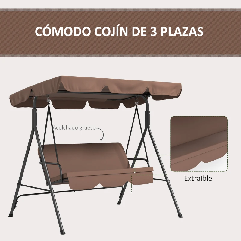 Outsunny Balancín de Jardín Exterior Columpio de 3 Plazas con Toldo Ajustable y Marco de Acero para Terraza 172x110x153 cm Marrón