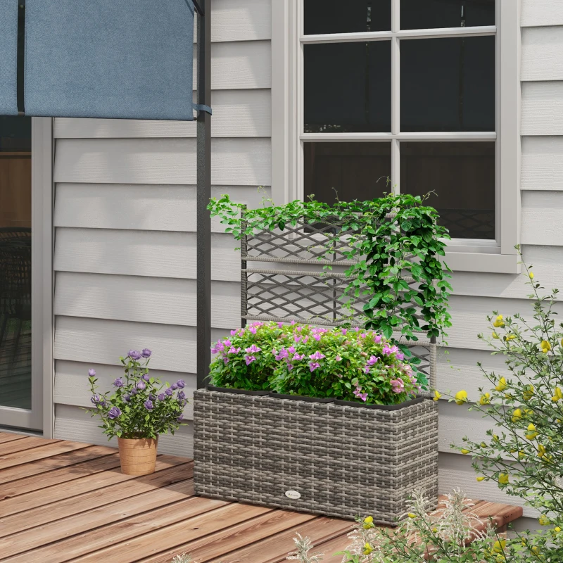 Outsunny 33L Garden PE Rattan Planter with Trellis, Free Standing Flower Raised Bed for Garden, Garden Planter for Climbing Plants, 84cm x 30cm x 107cm, Light Grey