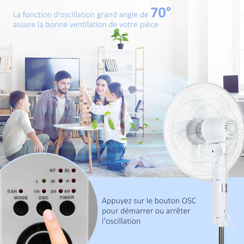 HOMCOM Ventilateur sur pied puissant 45 W réglable en hauteur 110-124 cm, télécommande, 3 vitesses, oscillation et minuterie