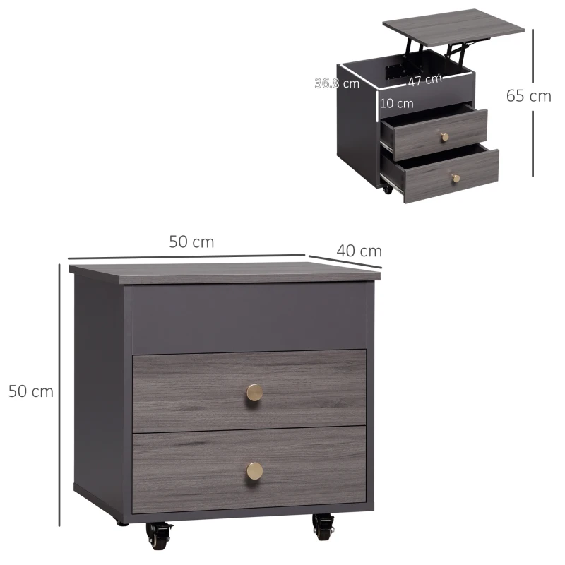 HOMCOM Comodino Moderno in Legno con Piano Sollevabile, 2 Cassetti e Ruote, 50x40x50cm, Grigio
