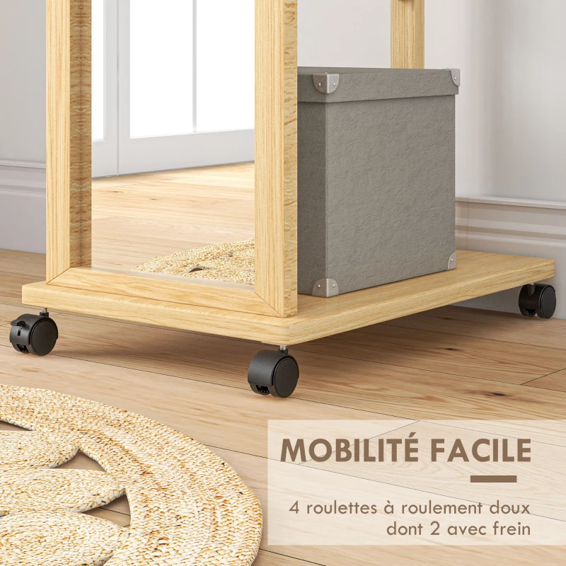 HOMCOM Miroir sur pied avec roulettes et multi-rangements 1 tringle portant 1 étagère inférieure en bois coloris naturel