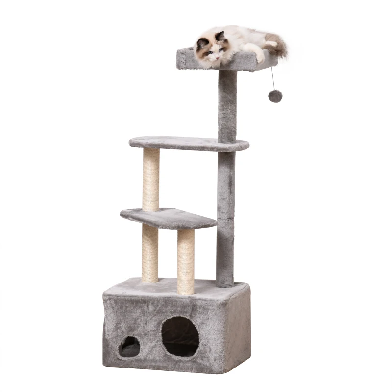 PawHut 125cm Cat Tree for Indoor Cats Kitten Tower 4 level Activity Center Pet Furniture Sisal Scratching Post Condo Plush Perches Hanging Ball Grey