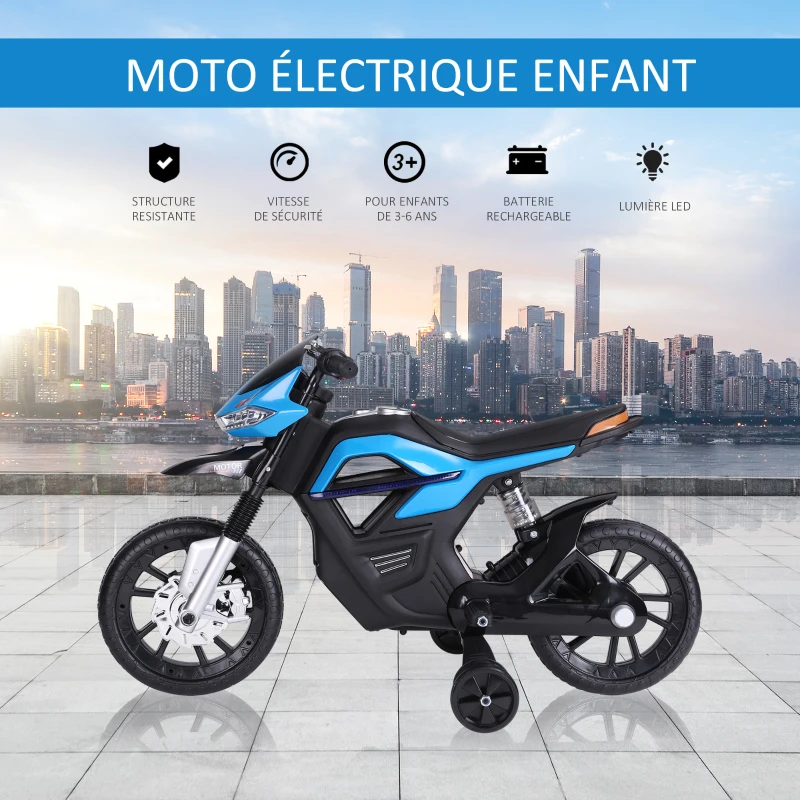 HOMCOM Moto électrique pour Enfants de 3-6 ans 25 W 6 V 3 Km/h Effets Lumineux et sonores roulettes Amovibles Charge max. 30 kg Bleu(m-4)