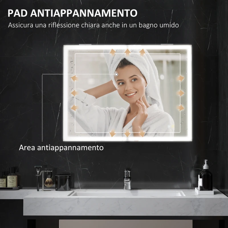 HOMCOM Armadietto a Specchio d Bagno con Luci LED e Ripiani Regolabili, in Vetro e Alluminio, 80x12.8x60 cm, Nero