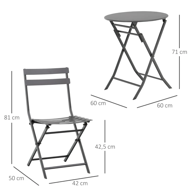 Outsunny Salon de jardin bistro pliable - table ronde Ø 60 cm avec 2 chaises pliantes - métal thermolaqué gris
