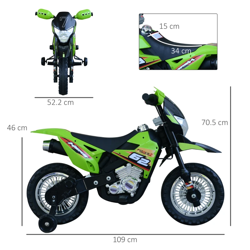 HOMCOM Moto da Cross Elettrica con 2 Rotelline Ausiliarie per Bambini 3-6 anni, Moto Giocattolo 109×52.2×70.5cm Verde