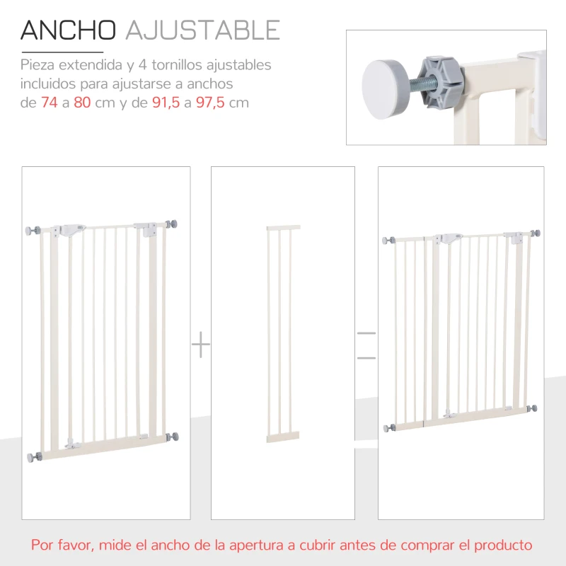 PawHut Barrera de Seguridad para Puertas y Escaleras Barrera para Perros Mascotas con Cierre Automático Extensión 17,5 cm Metal 74-97,5x104,1 cm Blanco