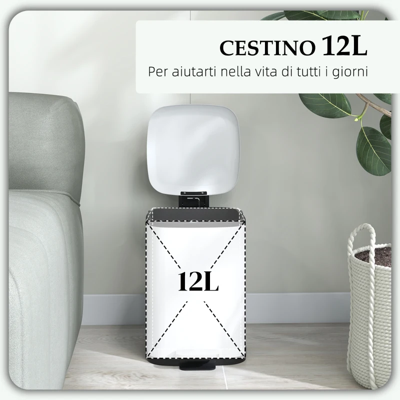 HOMCOM Bidone Immondizia da 12L a Pedale con Chiusura Silenziosa, in Metallo e PP, 24.5x32x34.5 cm, Bianco