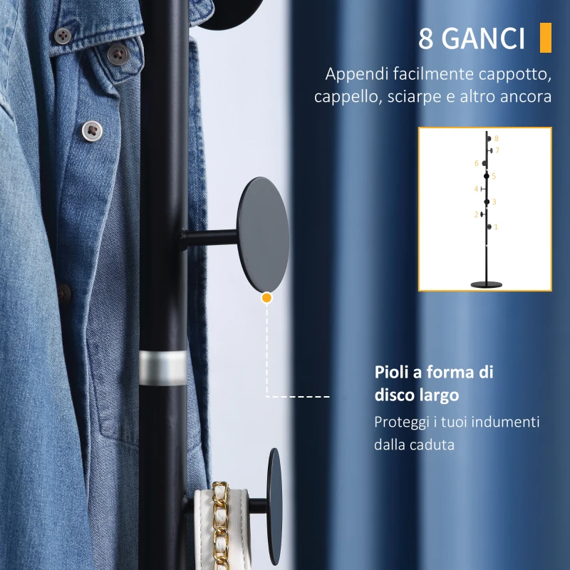 HOMCOM Appendiabiti da Terra con 8 Ganci, Struttura in Acciaio con Base in Marmo, 35x35x170cm, Nero