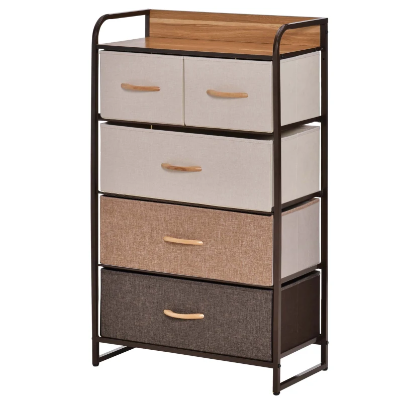 HOMCOM 5-Drawer Dresser Tower 3-Tier Storage Organizer with Steel Frame Wooden Top for Bedroom Hallway Closets