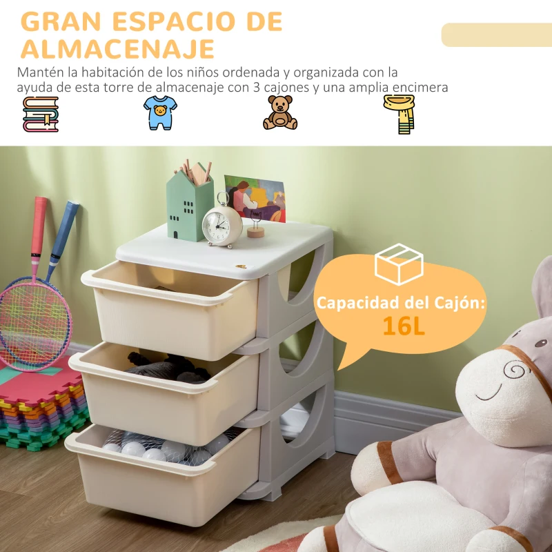 HOMCOM Cajonera de Plástico Organizador para Niños con 3 Cajones Asas para Juguetes Ropa Libros 37x37x56,5 cm Beige