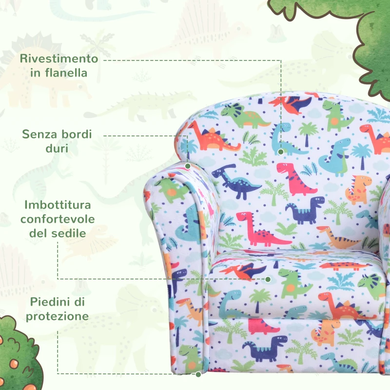 HOMCOM Poltrona da Bambino Fantasioso Motivo di Dinosauri Cartoonati bambini fra i 3 e i 5 anni Legno, Flanella, Schiuma 50L x 39P x 44A cm Multi-colore