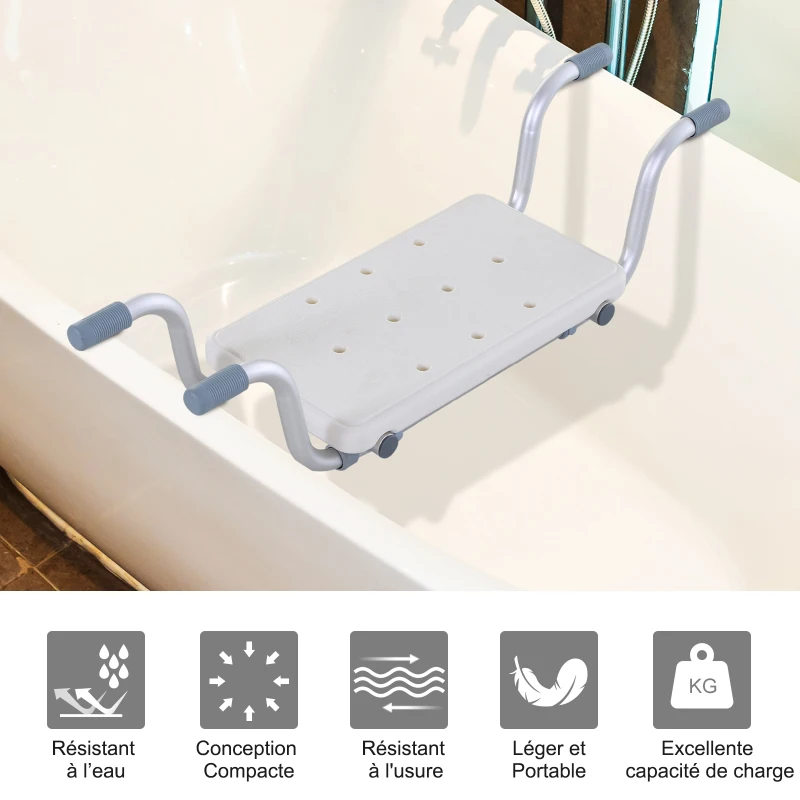 HOMCOM Siège de Baignoire - siège de Bain Suspendu réglable - Tabouret de Salle de Bain - dim. 73-83L x 22l x 18H cm - alu. HDPE Blanc