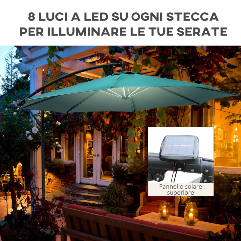 Outsunny Ombrellone da Giardino Ø3x2.5 m a Braccio con Manovella e 8 Strisce LED a Energia Solare, Verde