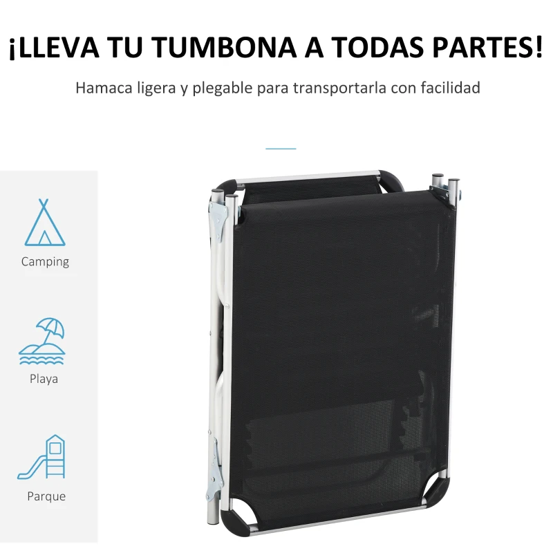 Outsunny Tumbona Plegable Reclinable de Aluminio con Reposacabezas Extraíble y Respaldo Transpirable Ajustable en 4 Posiciones para Jardín Terraza Camping Exterior 170x60x76 cm Negro